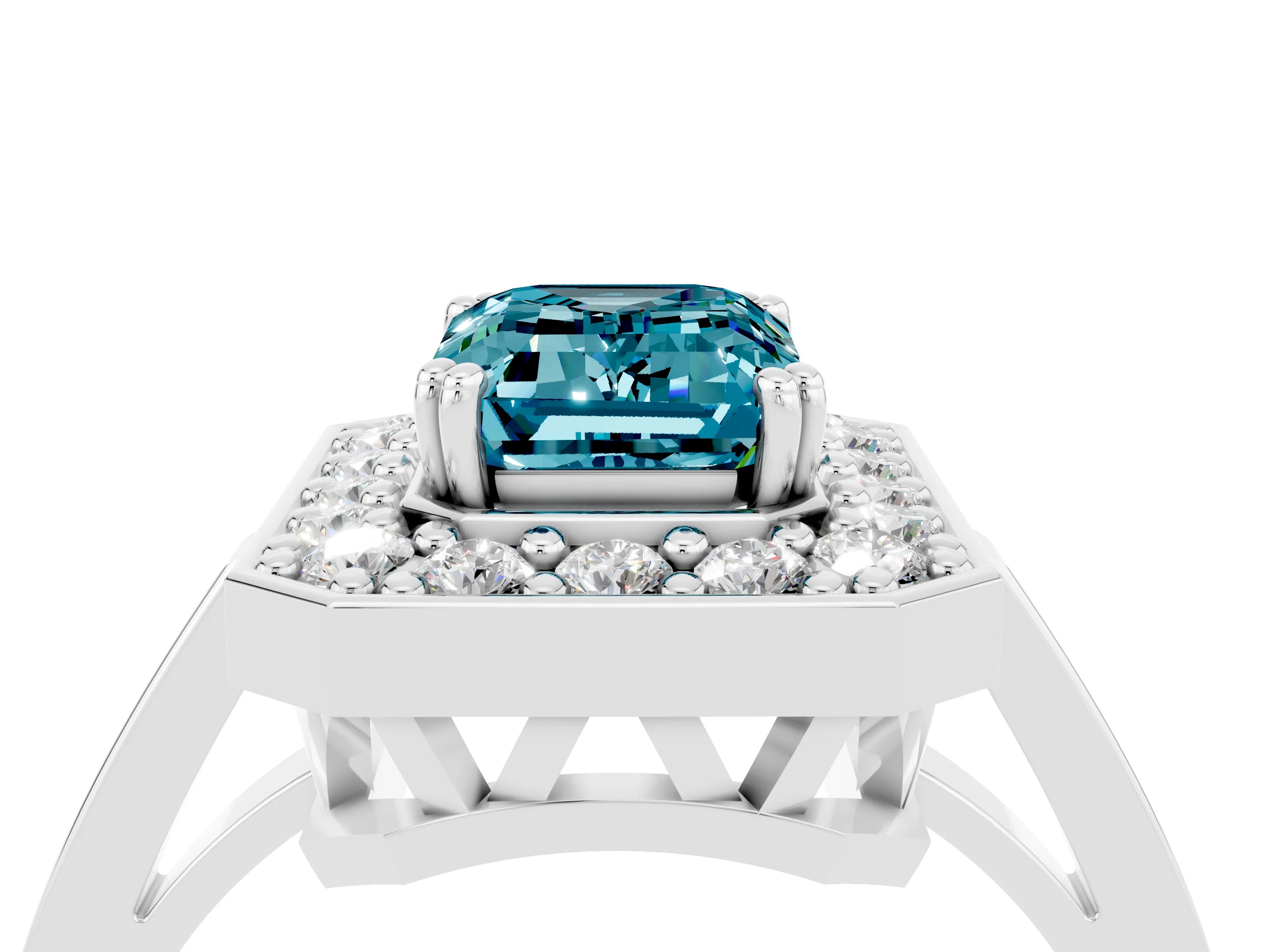 White gold Emerald Cut Blue Topaz Halo Ring with Split Shank and Four-Prong Setting_4