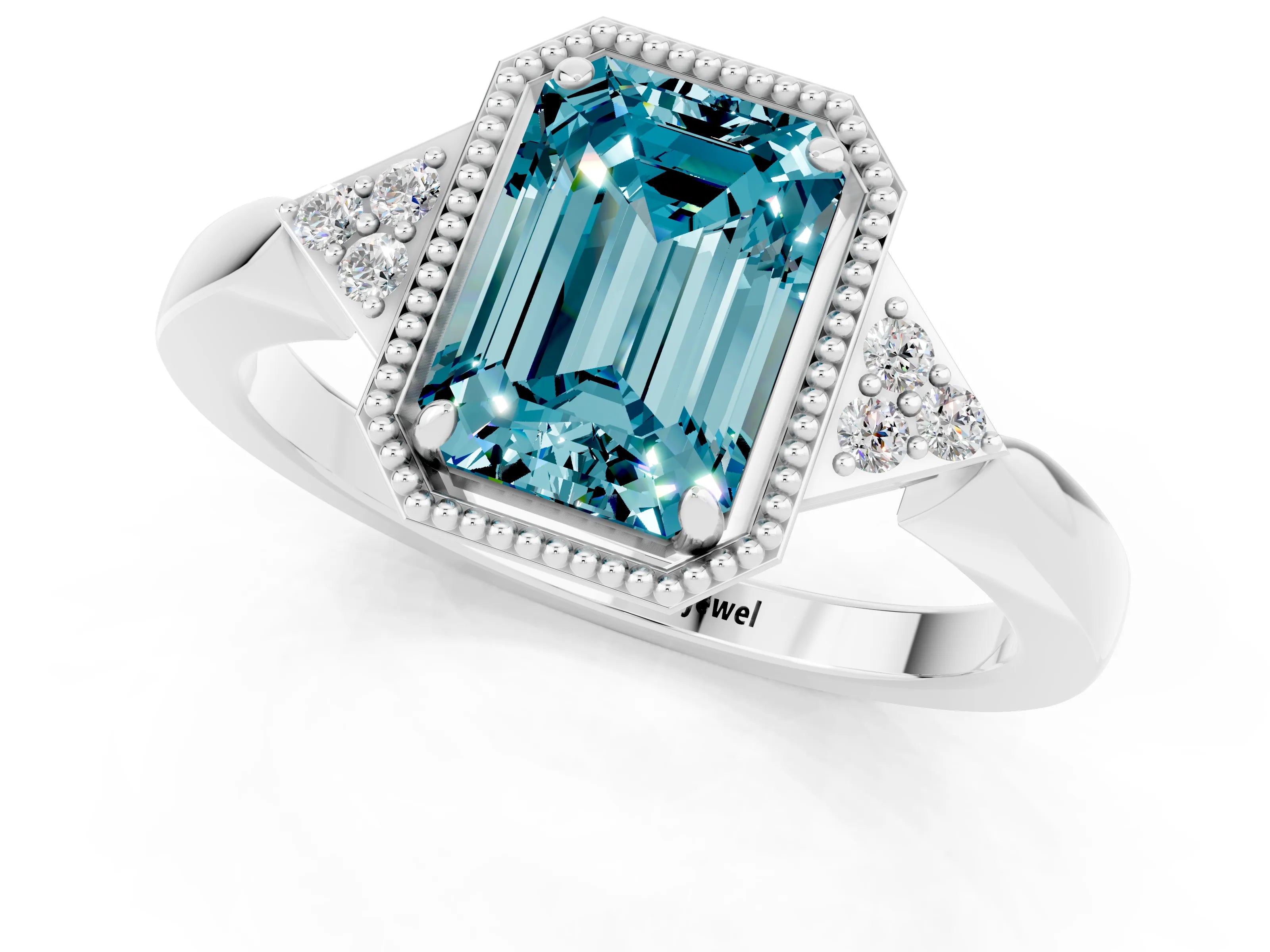 White gold Emerald Cut Blue Topaz Halo Ring with Tapered Band and Four-Prong Setting_1