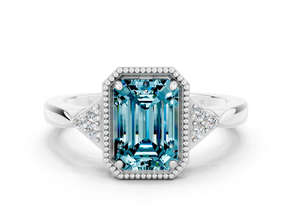 Silver Emerald Cut Blue Topaz Halo Ring with Tapered Band and Four-Prong Setting
