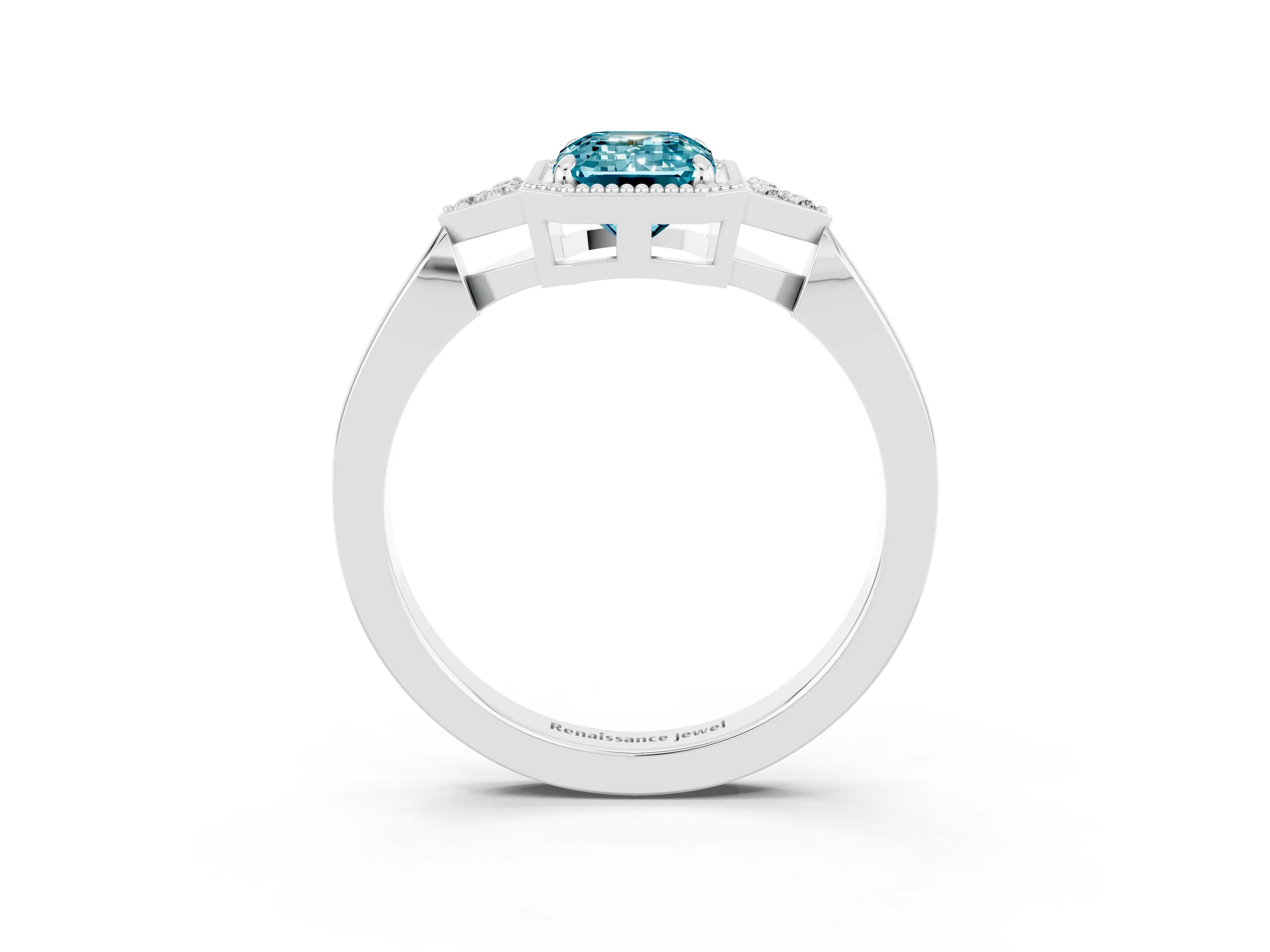 White gold Emerald Cut Blue Topaz Halo Ring with Tapered Band and Four-Prong Setting_3