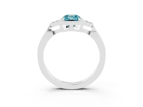 White gold Emerald Cut Blue Topaz Halo Ring with Tapered Band and Four-Prong Setting_3
