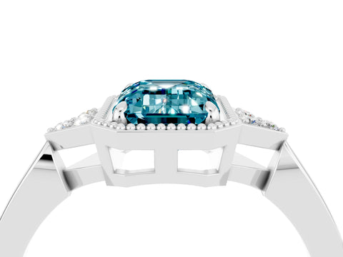 White gold Emerald Cut Blue Topaz Halo Ring with Tapered Band and Four-Prong Setting_4