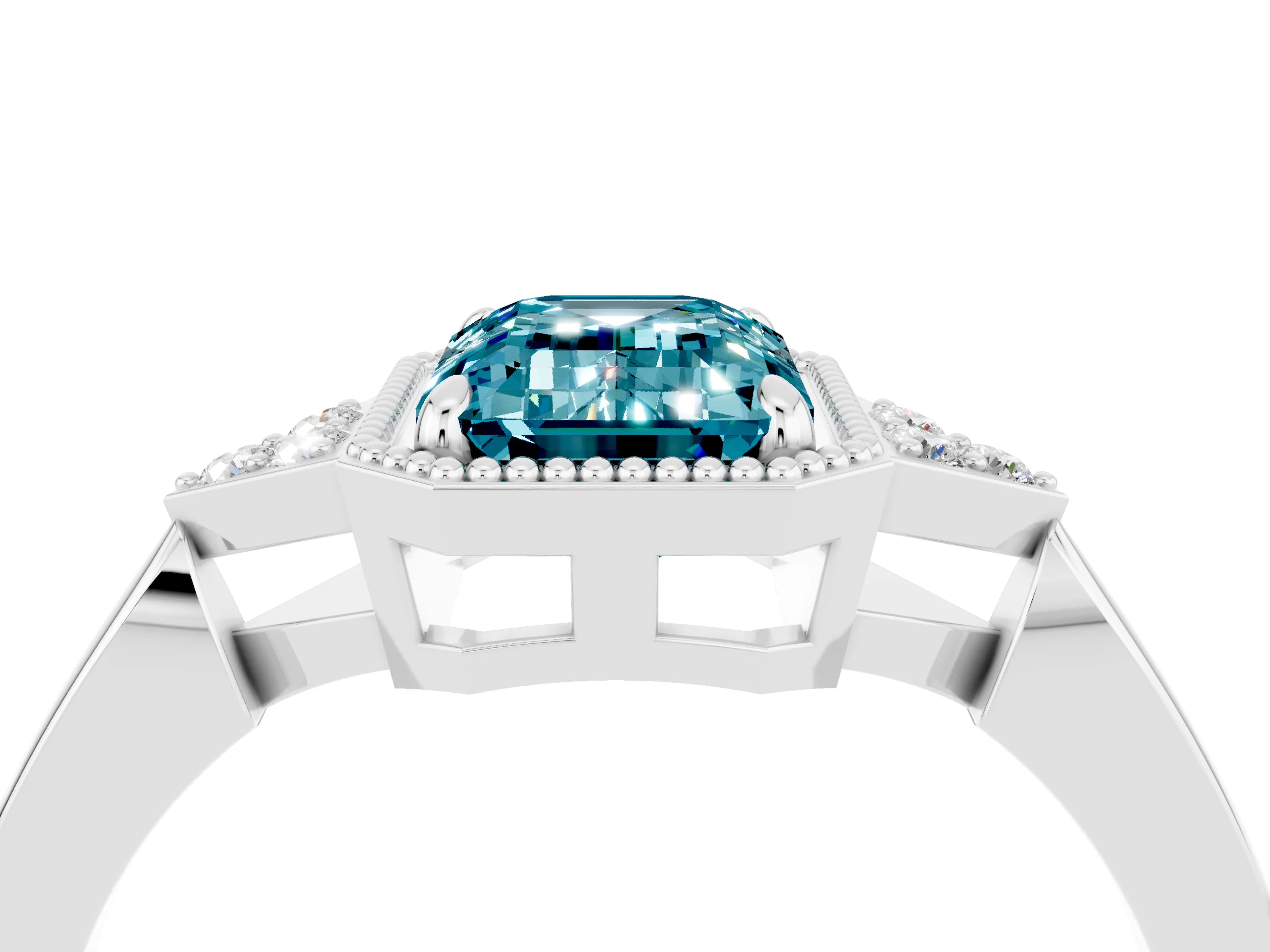 White gold Emerald Cut Blue Topaz Halo Ring with Tapered Band and Four-Prong Setting_4
