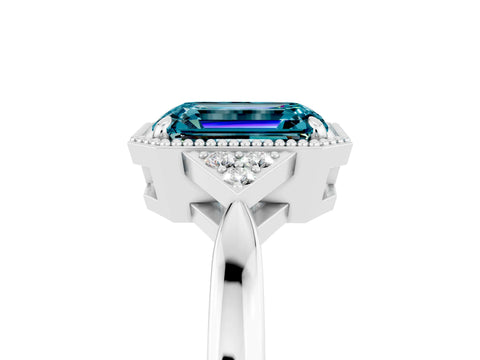 White gold Emerald Cut Blue Topaz Halo Ring with Tapered Band and Four-Prong Setting_5