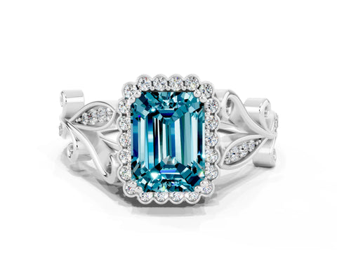 White gold Emerald Cut Blue Topaz Halo Ring with Vintage Split Shank and Four-Prong Setting_24