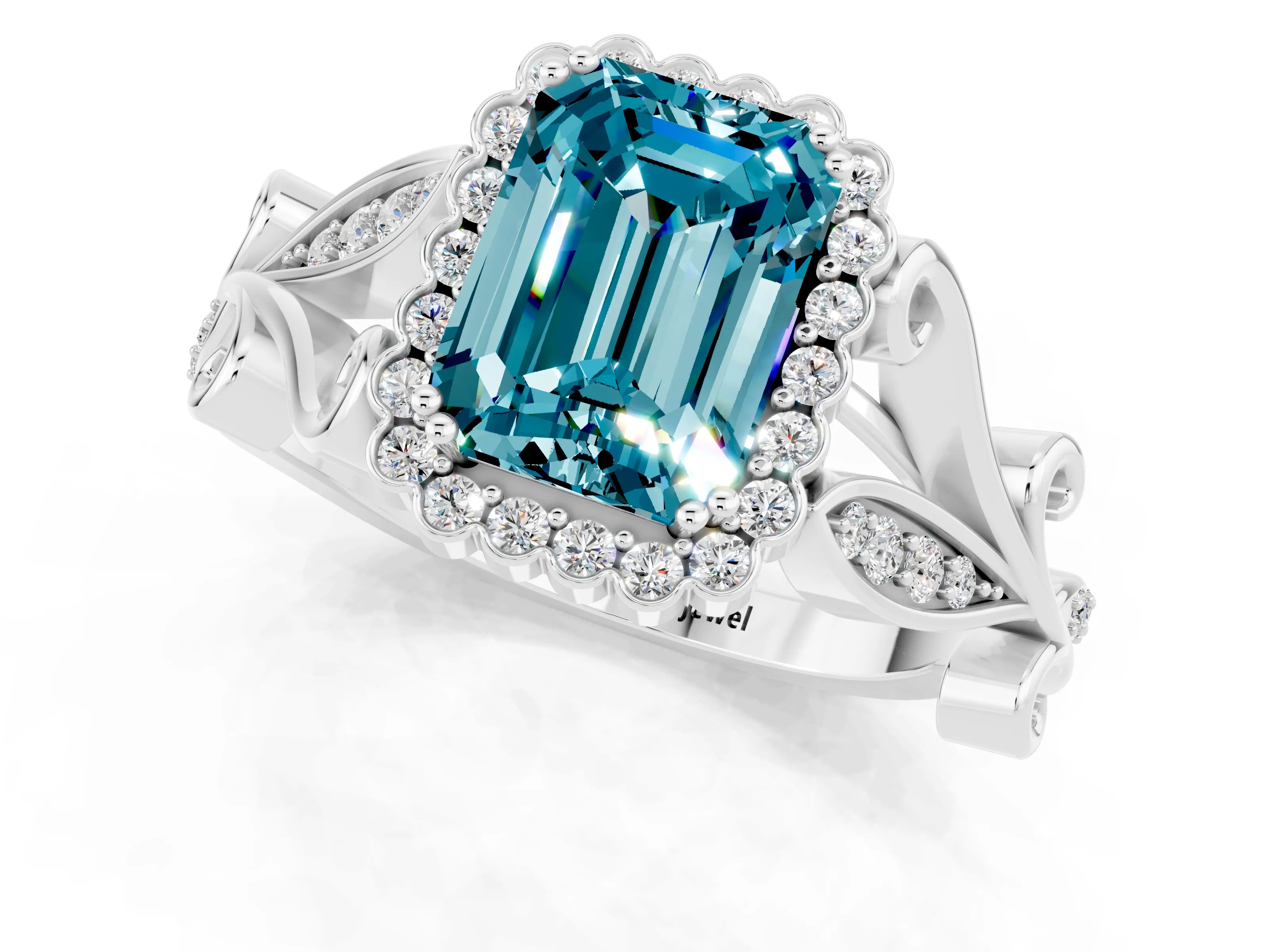 White gold Emerald Cut Blue Topaz Halo Ring with Vintage Split Shank and Four-Prong Setting_25