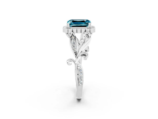 White gold Emerald Cut Blue Topaz Halo Ring with Vintage Split Shank and Four-Prong Setting