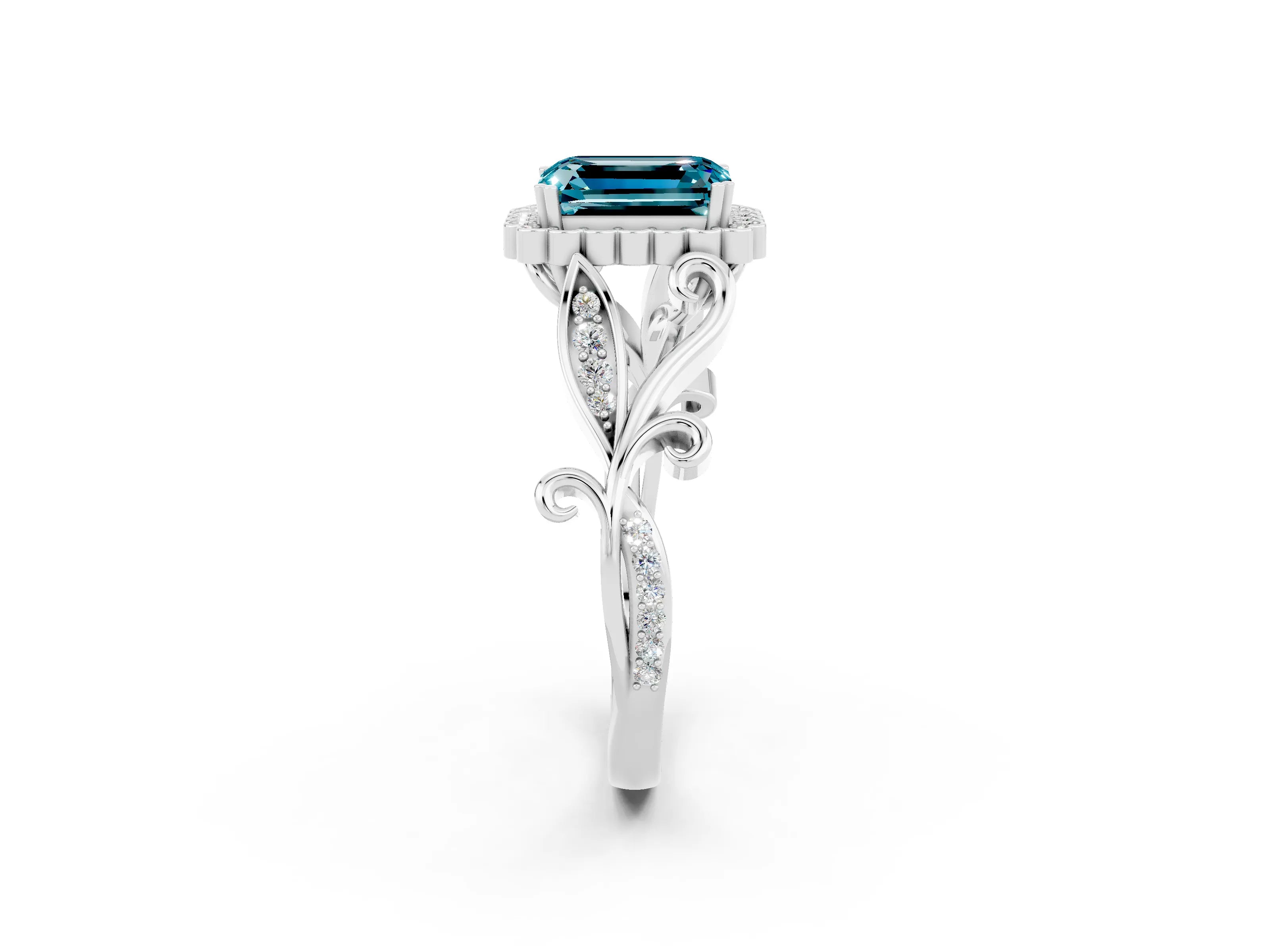 White gold Emerald Cut Blue Topaz Halo Ring with Vintage Split Shank and Four-Prong Setting_26