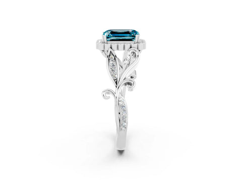 White gold Emerald Cut Blue Topaz Halo Ring with Vintage Split Shank and Four-Prong Setting_26
