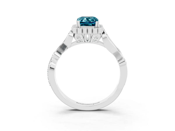 Platinum Emerald Cut Blue Topaz Halo Ring with Vintage Split Shank and Four-Prong Setting