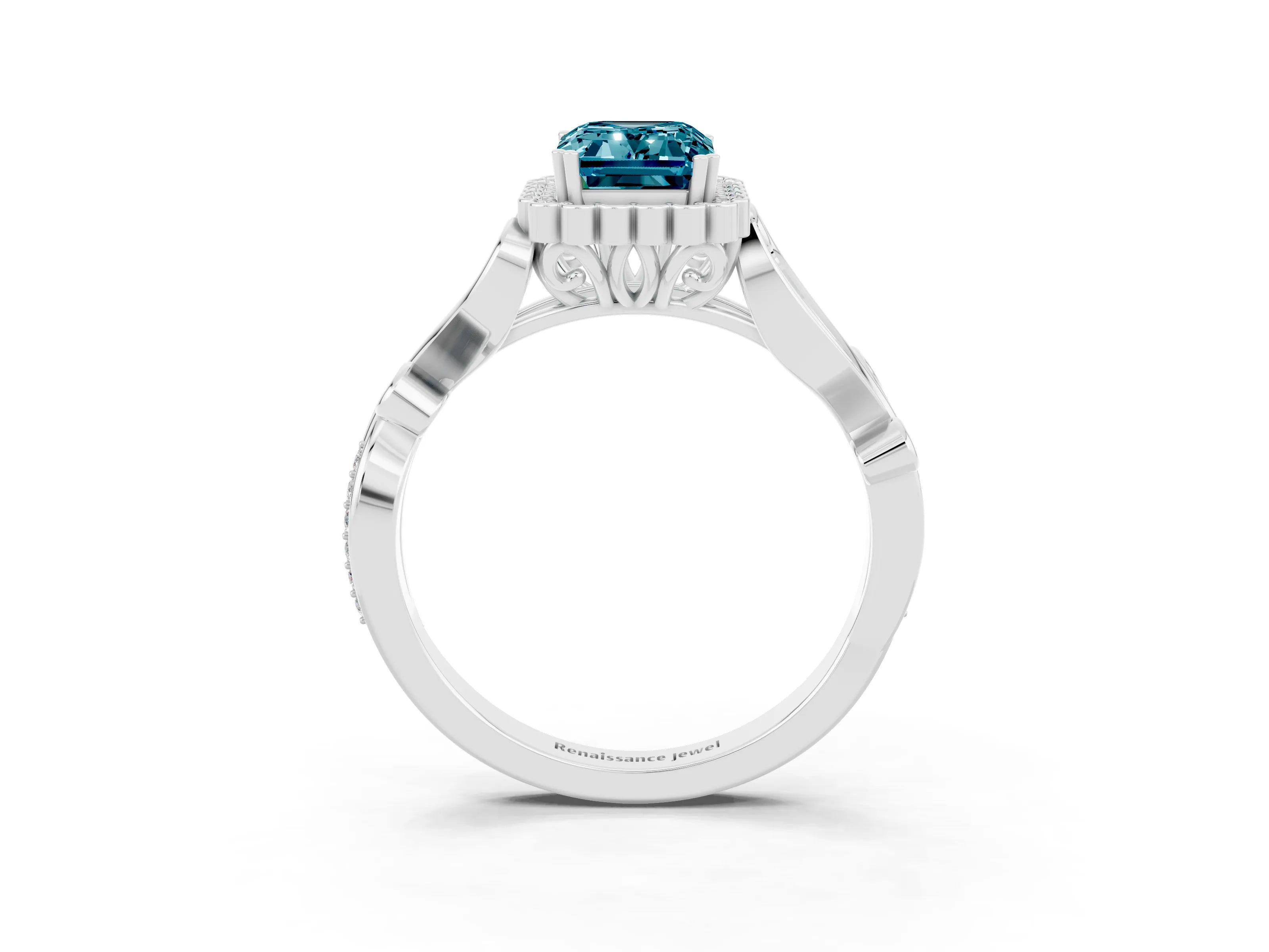 White gold Emerald Cut Blue Topaz Halo Ring with Vintage Split Shank and Four-Prong Setting_27