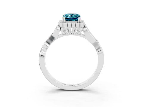 White gold Emerald Cut Blue Topaz Halo Ring with Vintage Split Shank and Four-Prong Setting_27