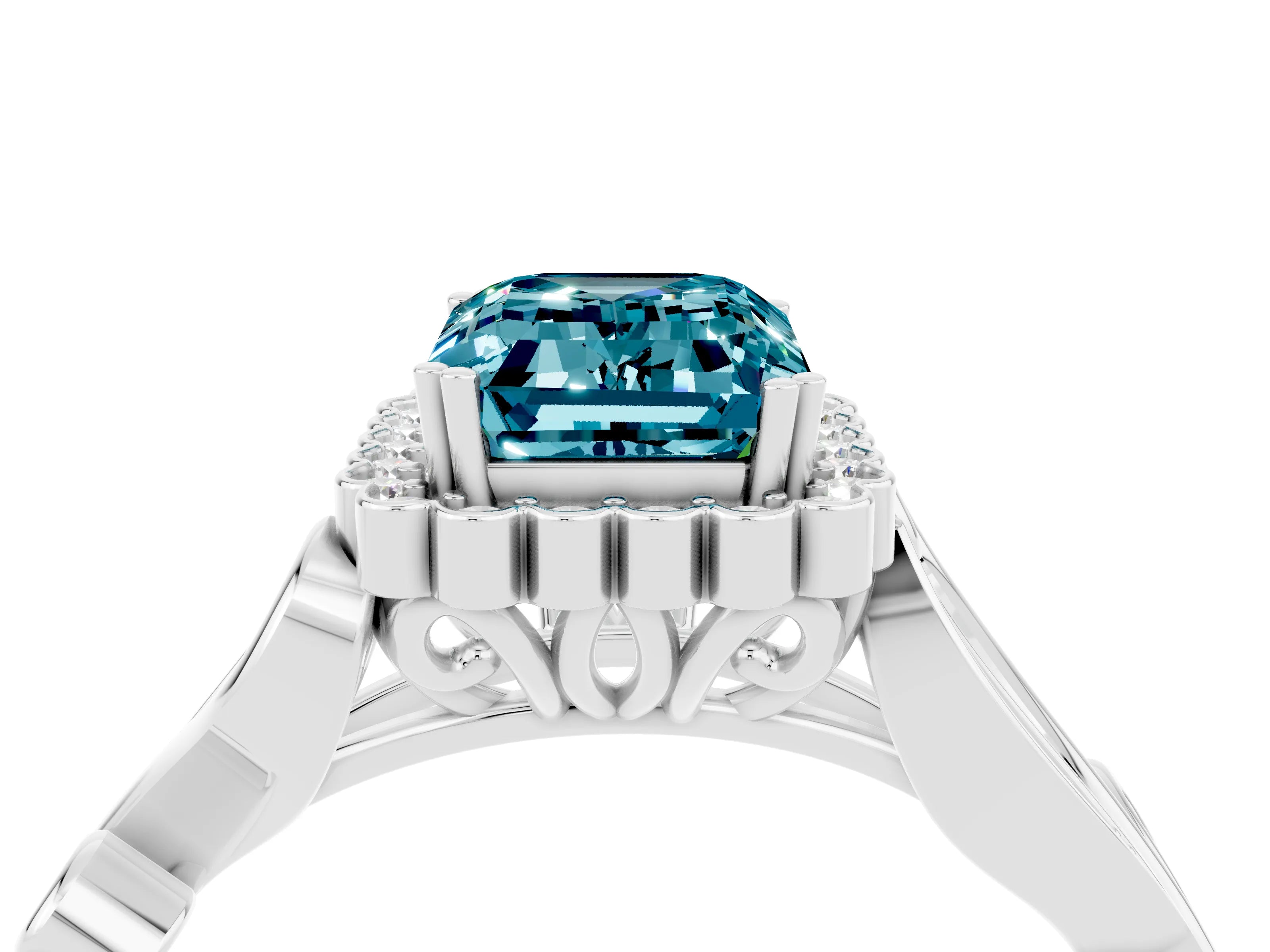 White gold Emerald Cut Blue Topaz Halo Ring with Vintage Split Shank and Four-Prong Setting_28