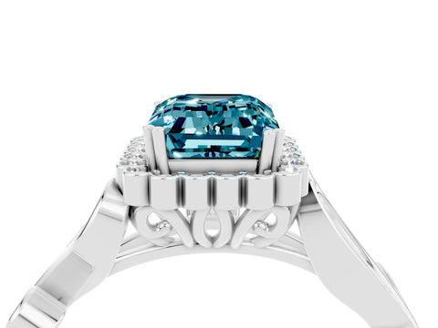 White gold Emerald Cut Blue Topaz Halo Ring with Vintage Split Shank and Four-Prong Setting_28