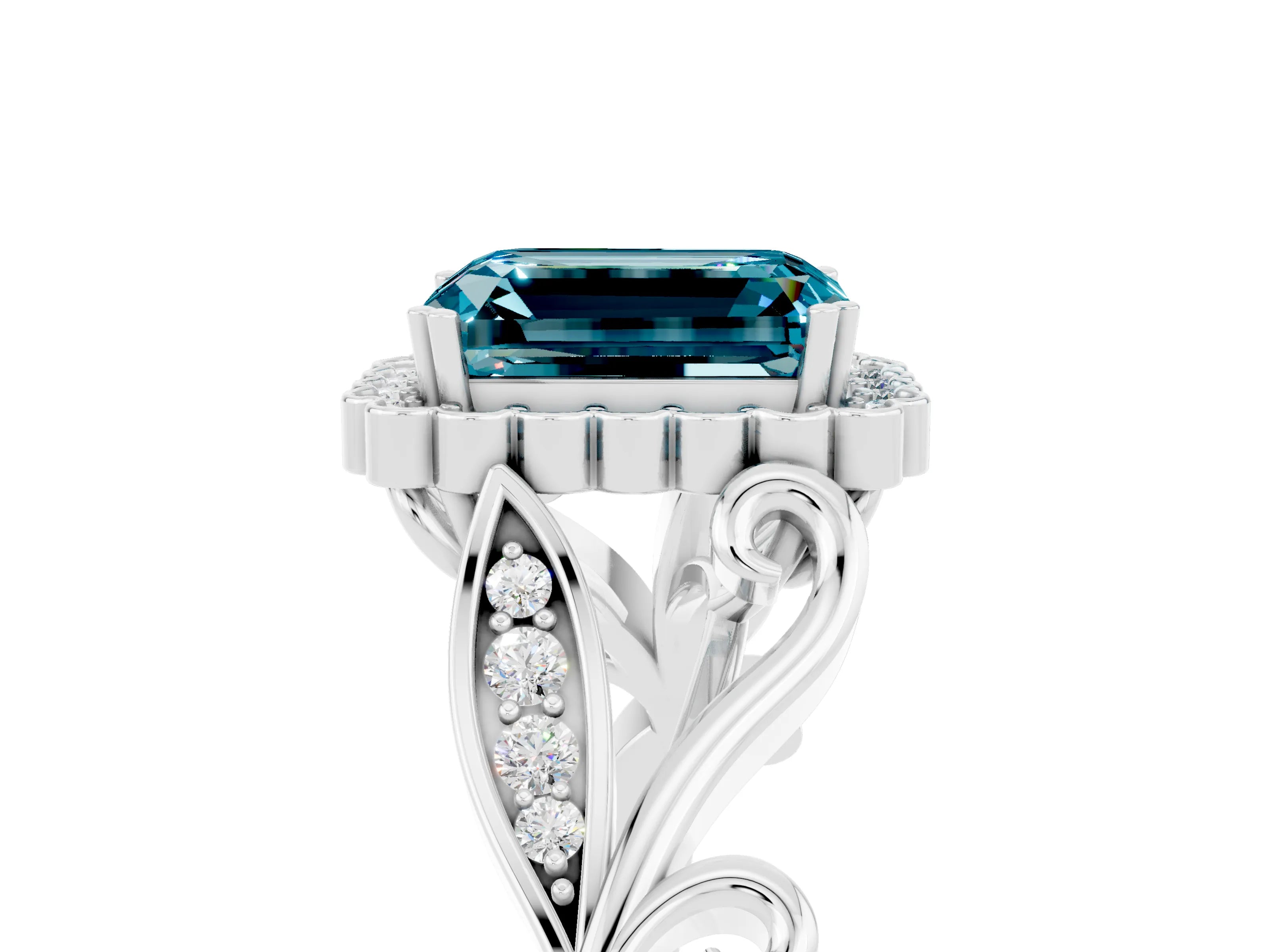 White gold Emerald Cut Blue Topaz Halo Ring with Vintage Split Shank and Four-Prong Setting_29