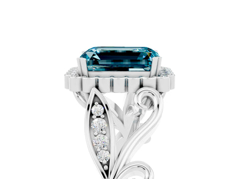 White gold Emerald Cut Blue Topaz Halo Ring with Vintage Split Shank and Four-Prong Setting_29
