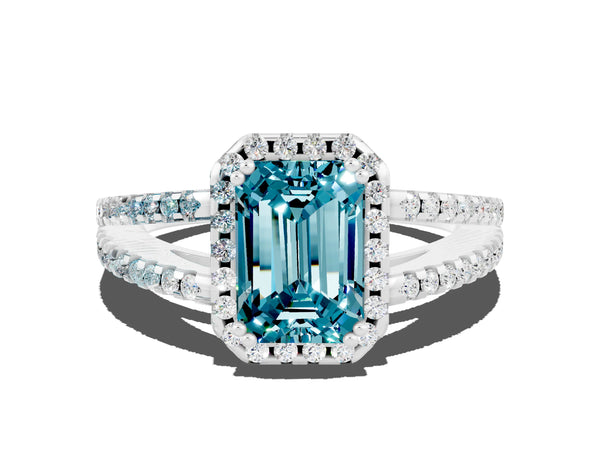 Platinum Emerald Cut Blue Topaz Halo Split Shank Engagement Ring