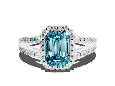 White gold Emerald Cut Blue Topaz Halo Split Shank Engagement Ring_12