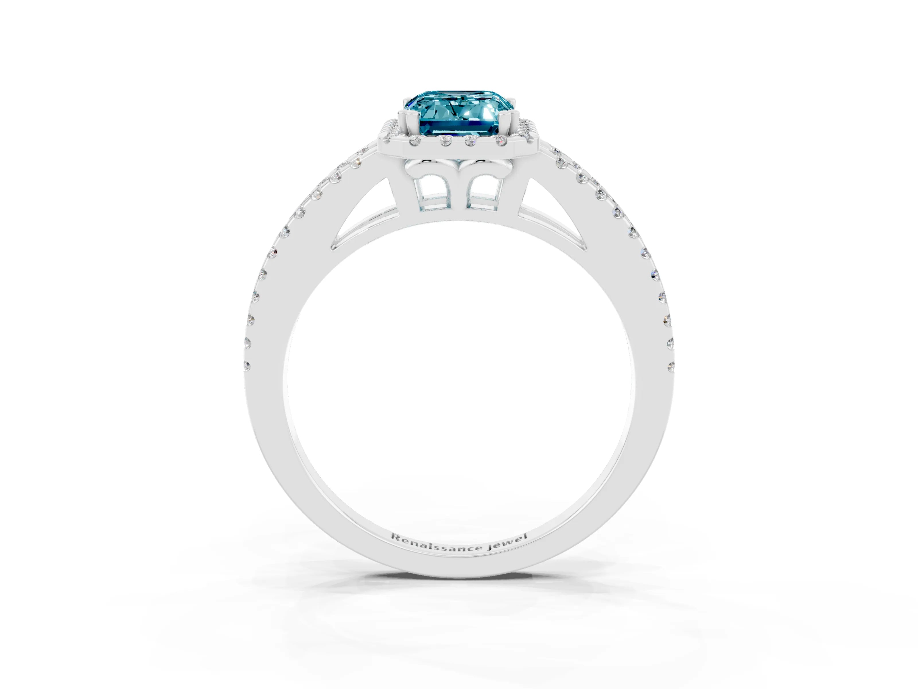 White gold Emerald Cut Blue Topaz Halo Split Shank Engagement Ring_15