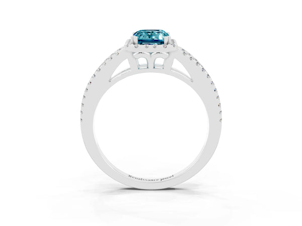 Silver Emerald Cut Blue Topaz Halo Split Shank Engagement Ring