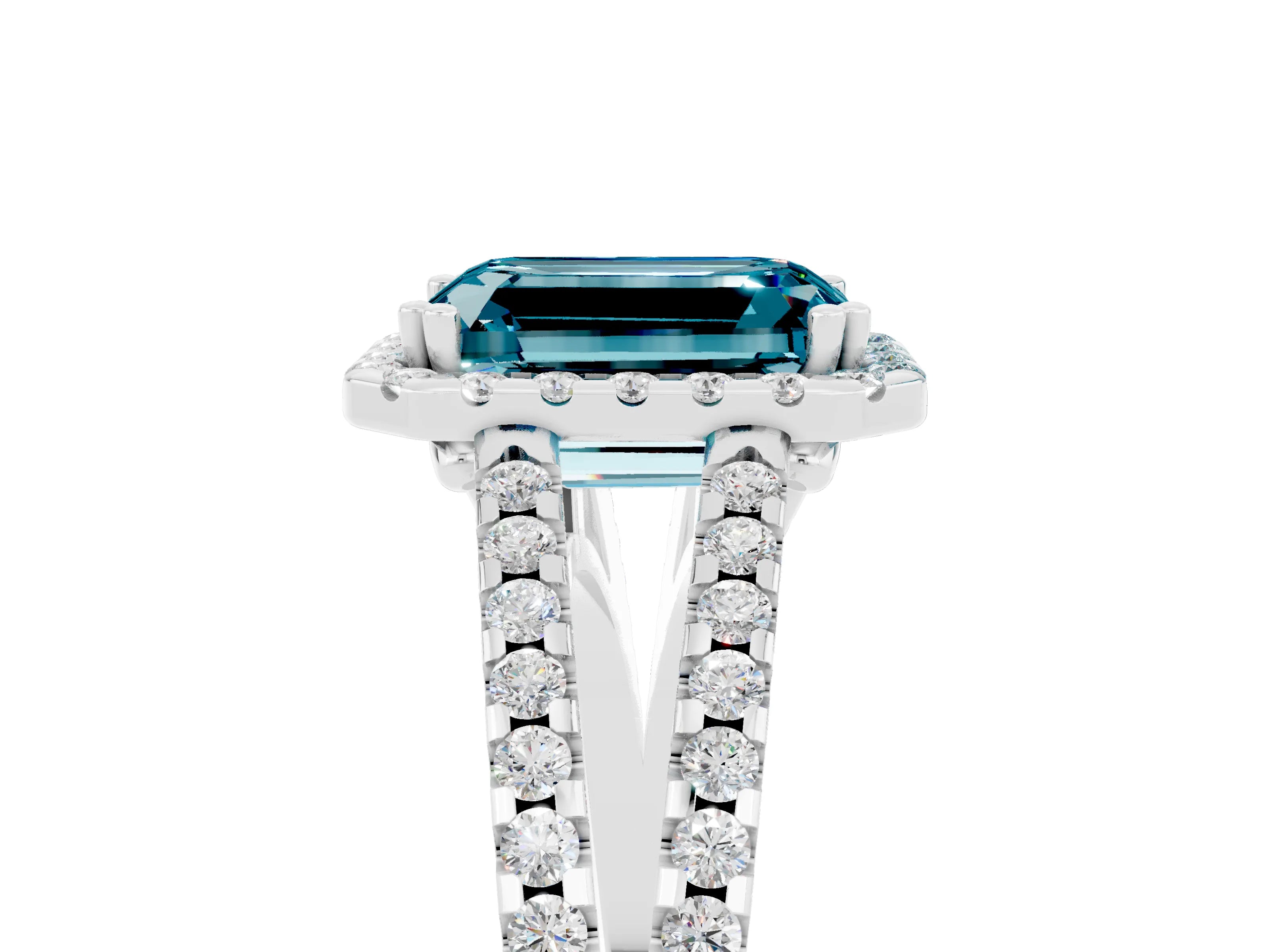 White gold Emerald Cut Blue Topaz Halo Split Shank Engagement Ring_17