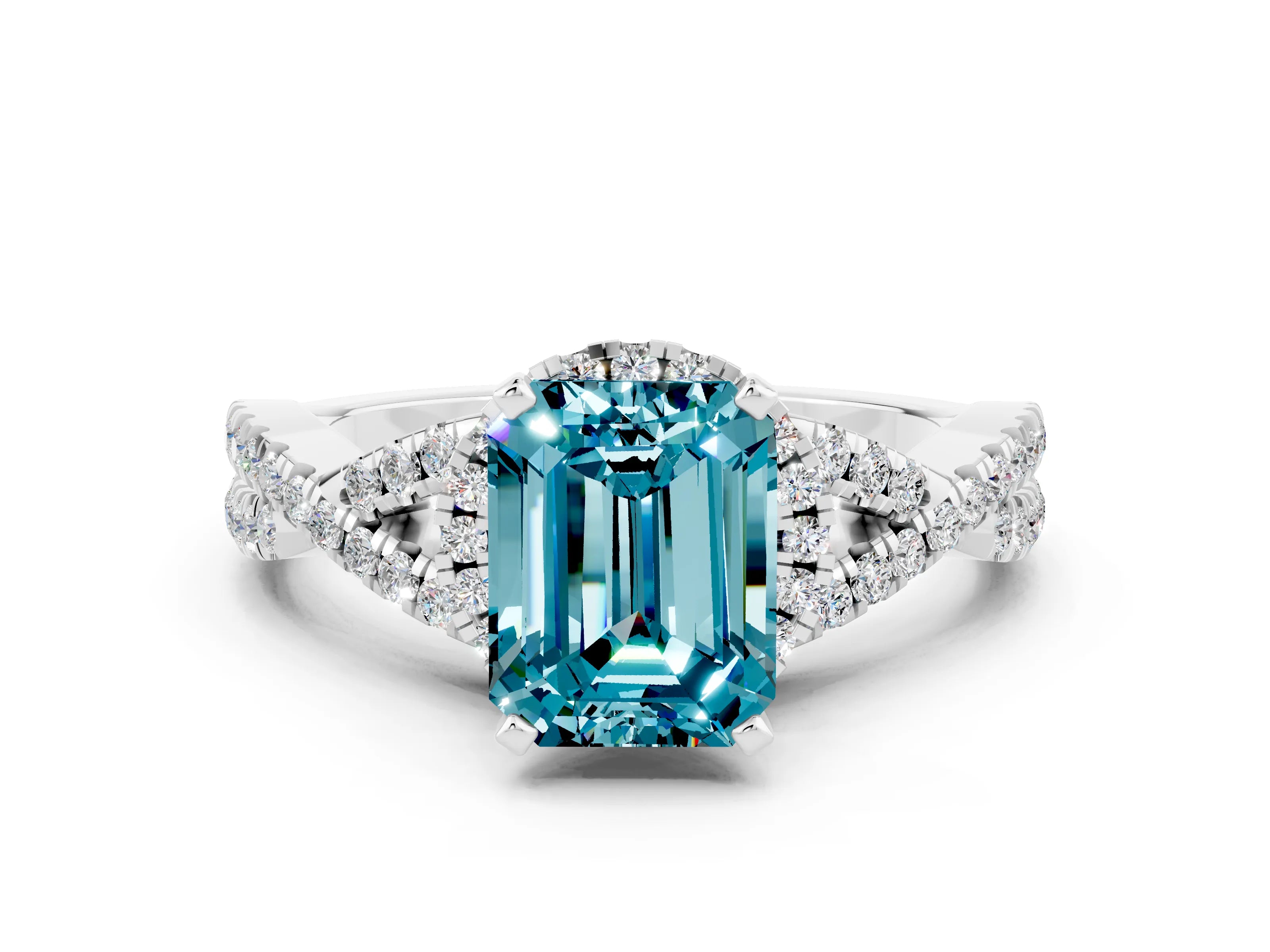 White gold Emerald Cut Blue Topaz Halo Twist Band Solitaire Prong Setting Ring