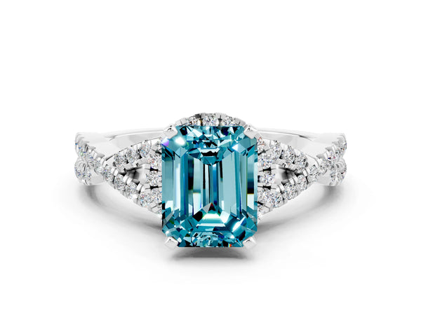Platinum Emerald Cut Blue Topaz  Halo Twist Band Solitaire Prong Setting Ring