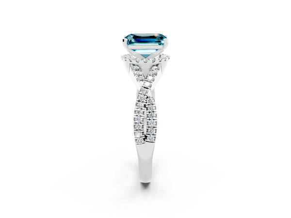 Silver Emerald Cut Blue Topaz  Halo Twist Band Solitaire Prong Setting Ring