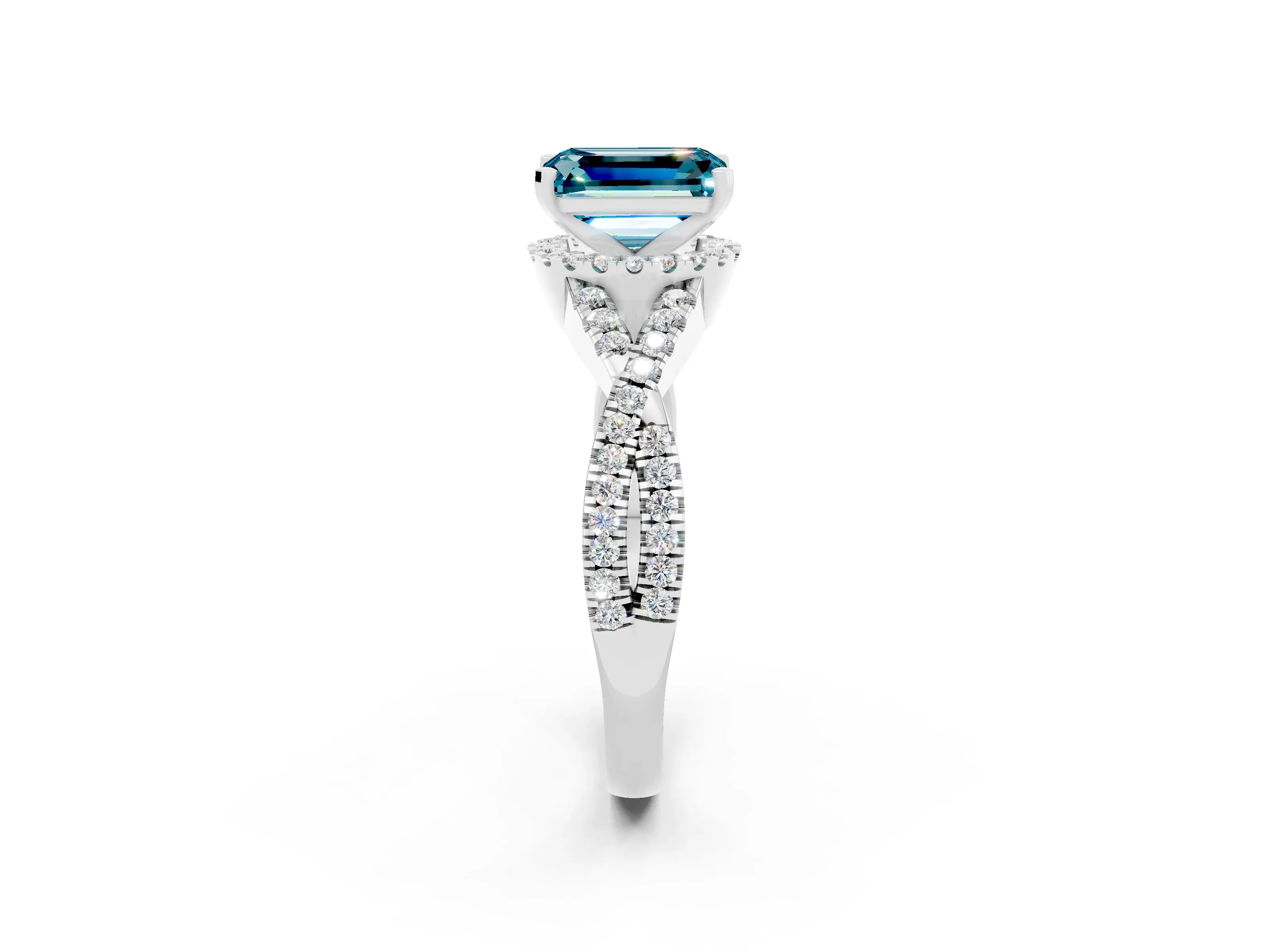 White gold Emerald Cut Blue Topaz Halo Twist Band Solitaire Prong Setting Ring_2