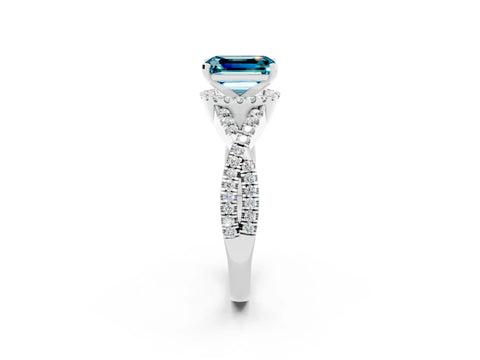 White gold Emerald Cut Blue Topaz Halo Twist Band Solitaire Prong Setting Ring_2