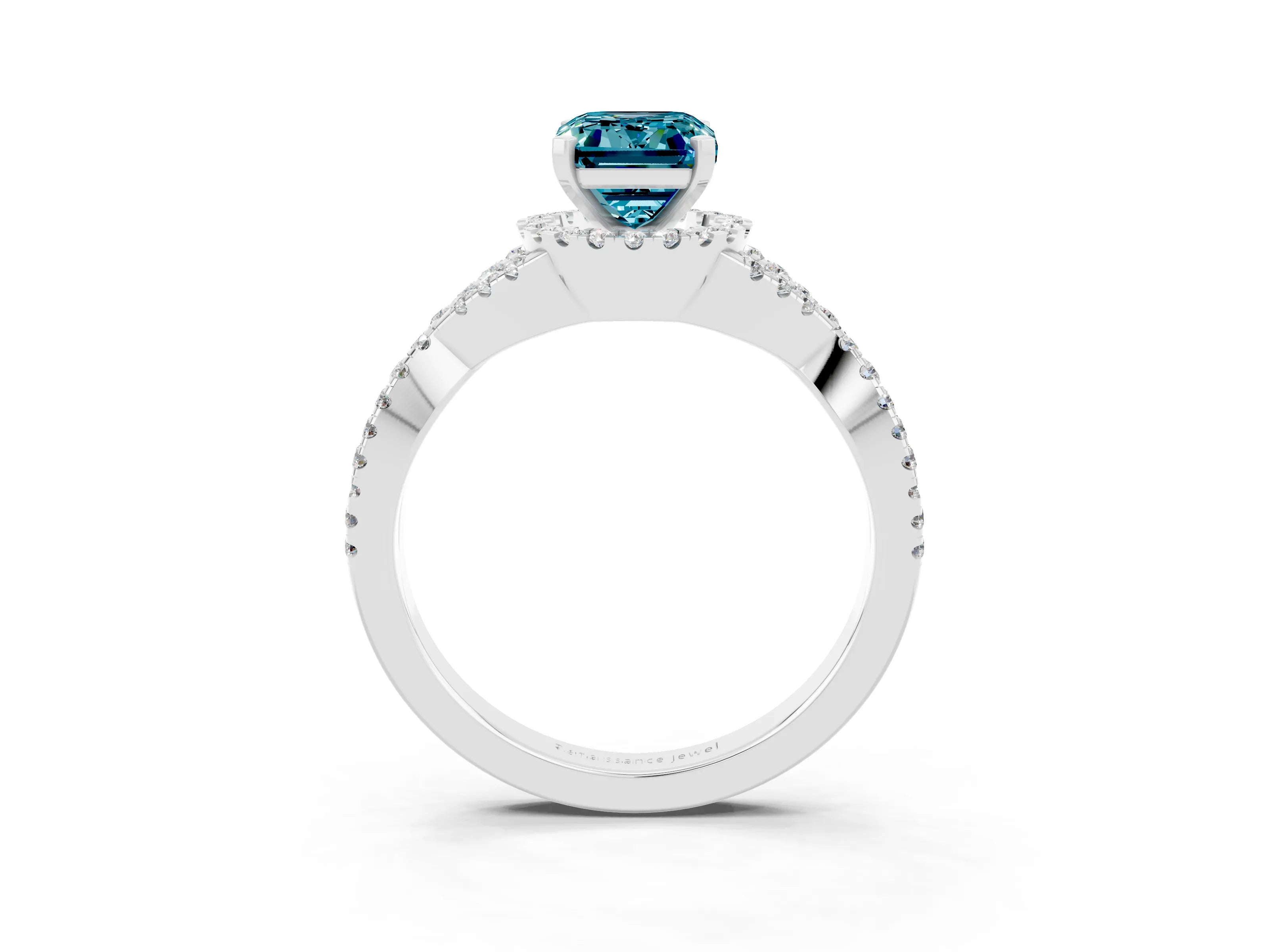 White gold Emerald Cut Blue Topaz Halo Twist Band Solitaire Prong Setting Ring_3