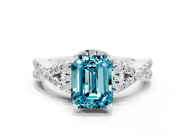 White gold Emerald Cut Blue Topaz  Halo Twist Band Solitaire Prong Setting Ring