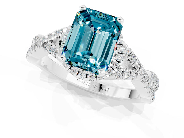 White gold Emerald Cut Blue Topaz  Halo Twist Band Solitaire Prong Setting Ring