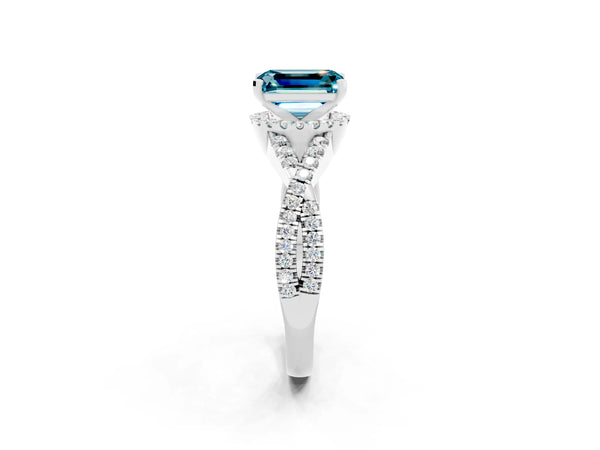 White gold Emerald Cut Blue Topaz  Halo Twist Band Solitaire Prong Setting Ring