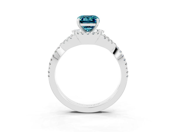 White gold Emerald Cut Blue Topaz  Halo Twist Band Solitaire Prong Setting Ring