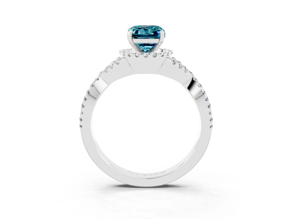 White gold Emerald Cut Blue Topaz  Halo Twist Band Solitaire Prong Setting Ring