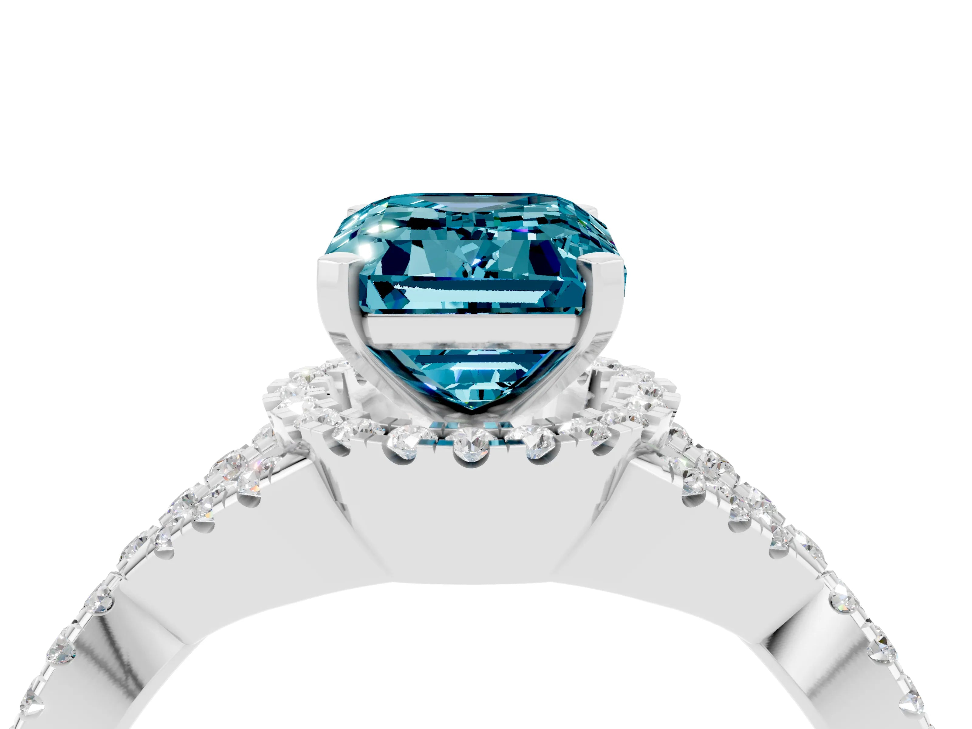 White gold Emerald Cut Blue Topaz Halo Twist Band Solitaire Prong Setting Ring_4