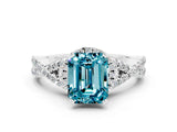 White gold Emerald Cut Blue Topaz Halo Twist Band Solitaire Prong Setting Ring