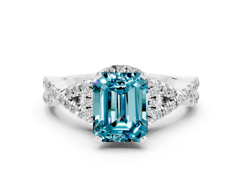 White gold Emerald Cut Blue Topaz Halo Twist Band Solitaire Prong Setting Ring