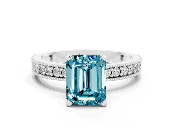 Platinum Emerald Cut Blue Topaz Milgrain Pavé Engagement Ring with Four-Prong Setting