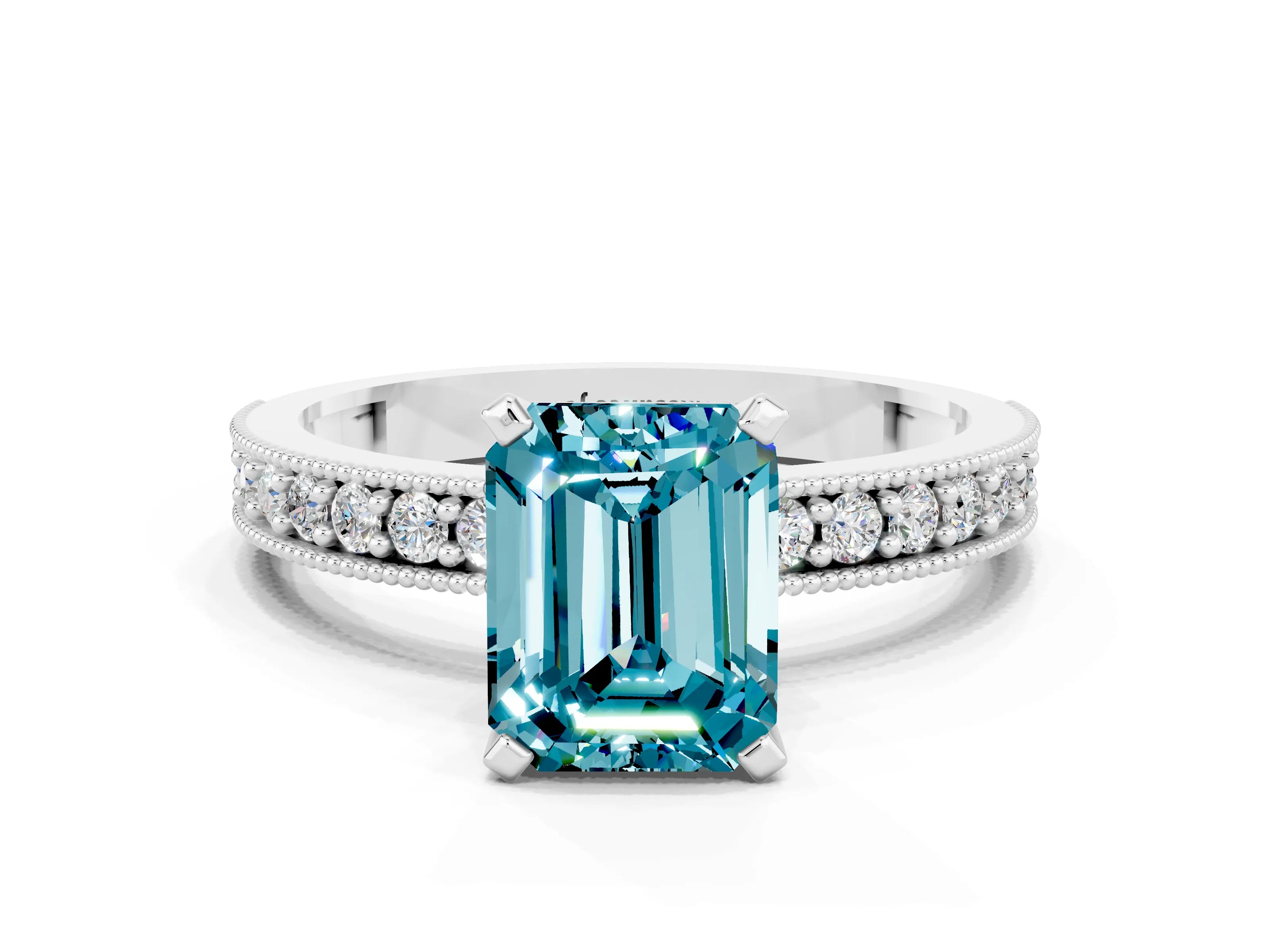 White gold Emerald Cut Blue Topaz Milgrain Pavé Engagement Ring with Four-Prong Setting_12