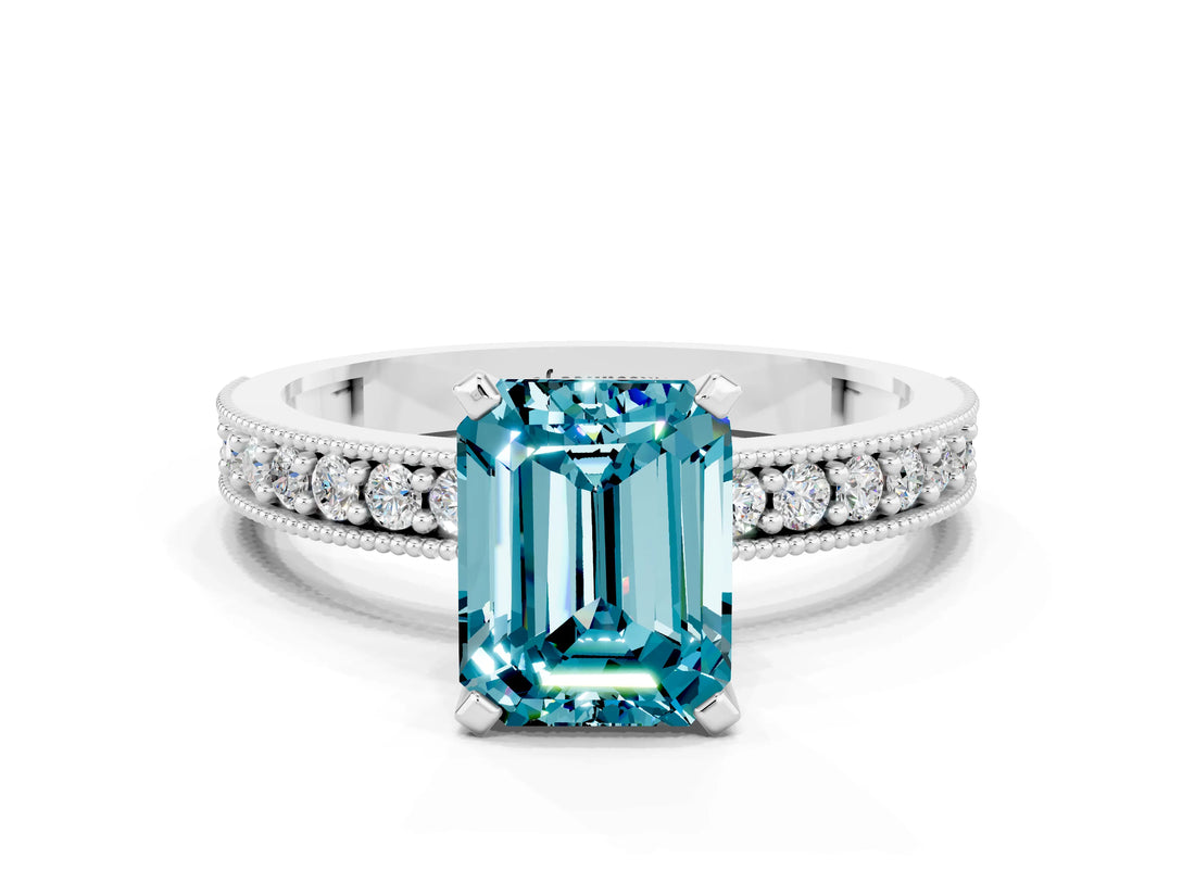 White gold Emerald Cut Blue Topaz Milgrain Pavé Engagement Ring with Four-Prong Setting_12