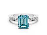 White gold Emerald Cut Blue Topaz Milgrain Pavé Engagement Ring with Four-Prong Setting_12