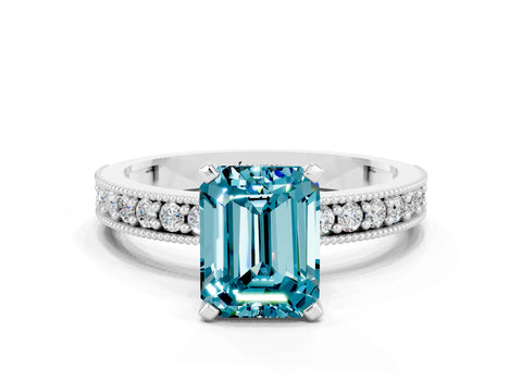 White gold Emerald Cut Blue Topaz Milgrain Pavé Engagement Ring with Four-Prong Setting_12