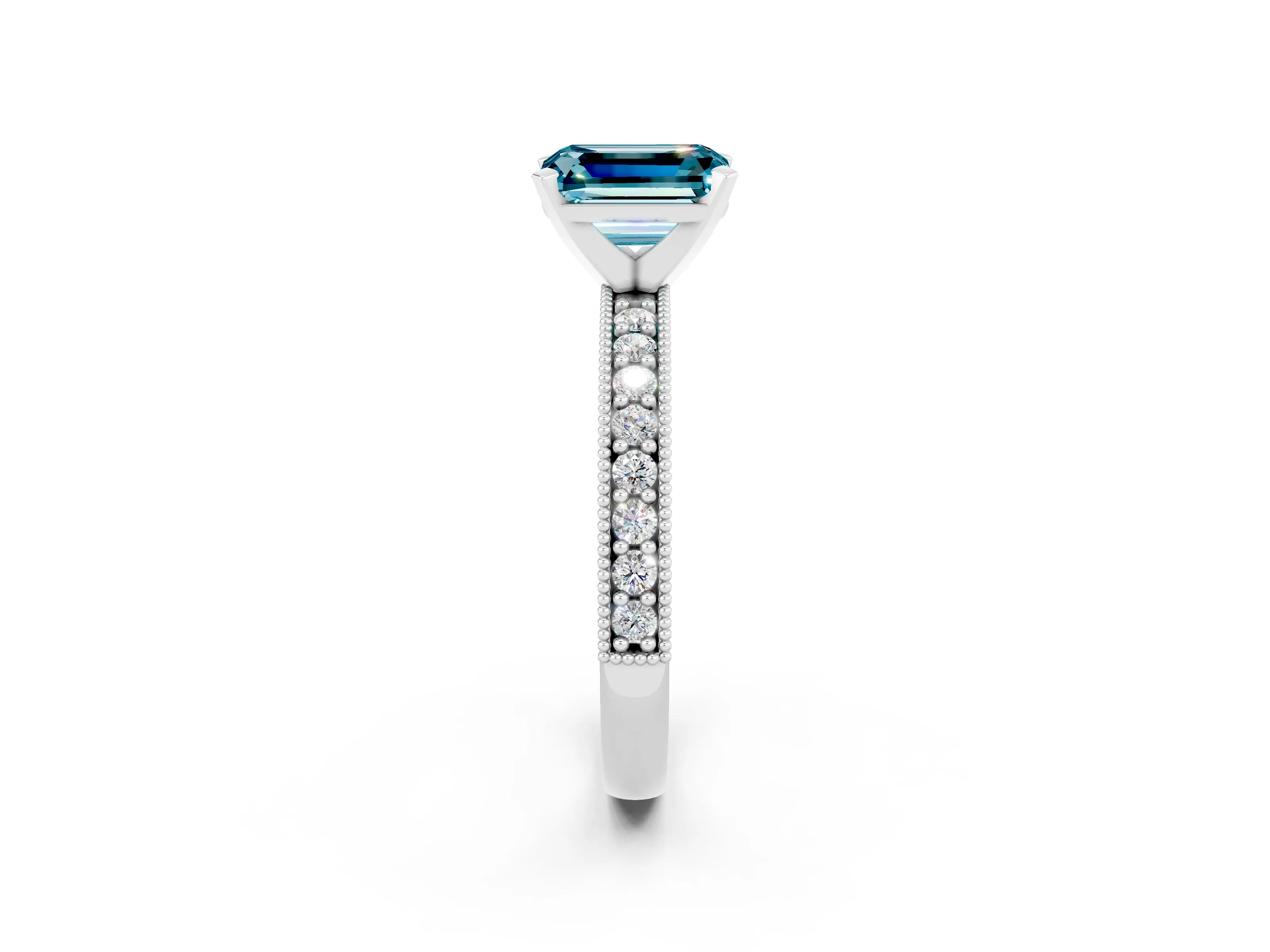 White gold Emerald Cut Blue Topaz Milgrain Pavé Engagement Ring with Four-Prong Setting_14
