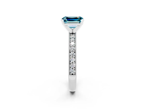 Platinum Emerald Cut Blue Topaz Milgrain Pavé Engagement Ring with Four-Prong Setting