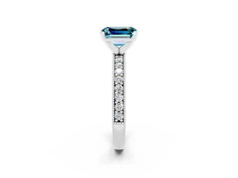 White gold Emerald Cut Blue Topaz Milgrain Pavé Engagement Ring with Four-Prong Setting_14