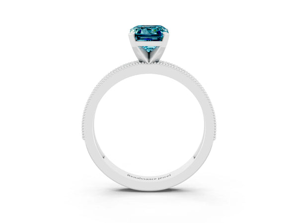 Platinum Emerald Cut Blue Topaz Milgrain Pavé Engagement Ring with Four-Prong Setting