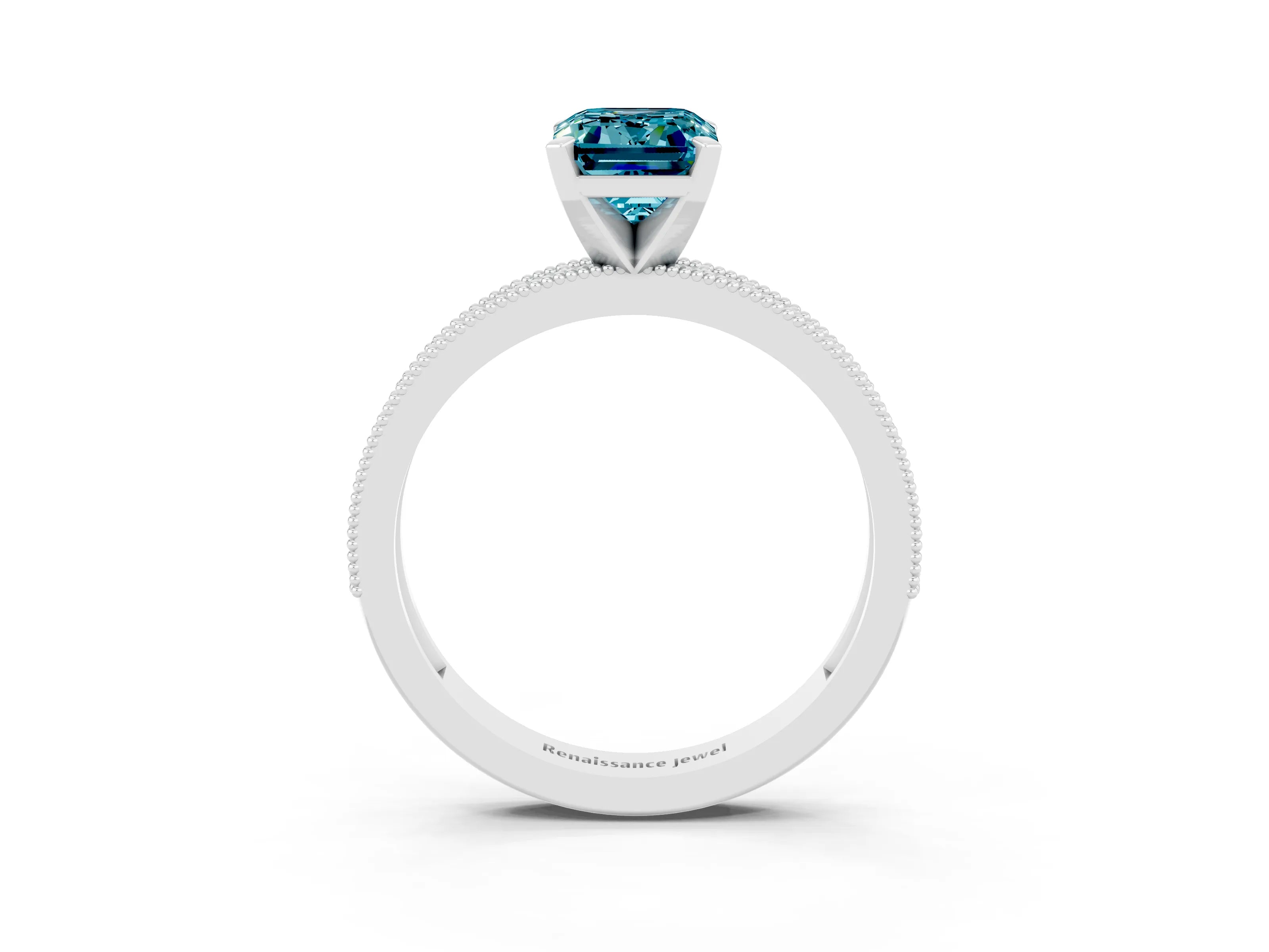White gold Emerald Cut Blue Topaz Milgrain Pavé Engagement Ring with Four-Prong Setting_15