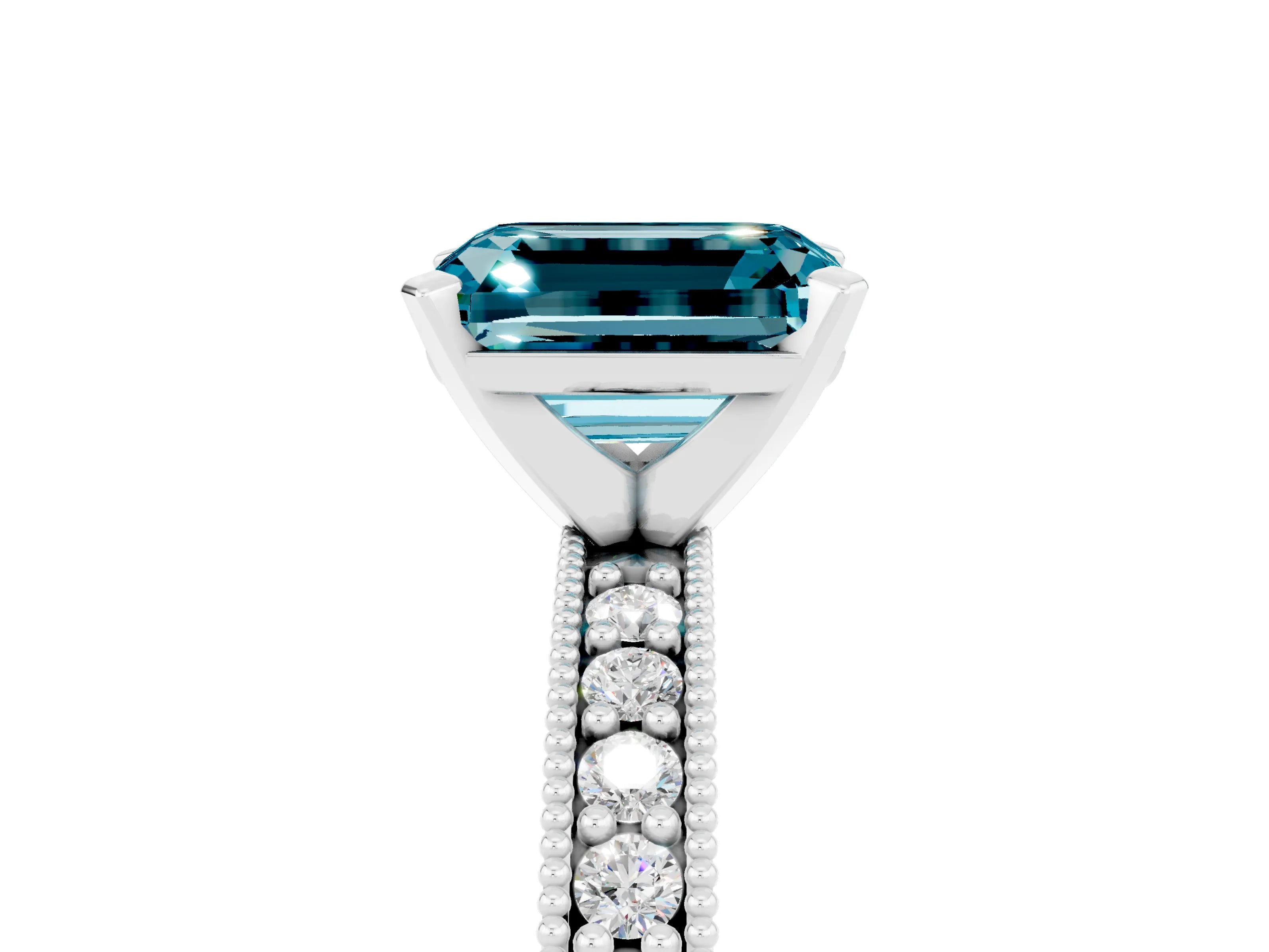 White gold Emerald Cut Blue Topaz Milgrain Pavé Engagement Ring with Four-Prong Setting_17